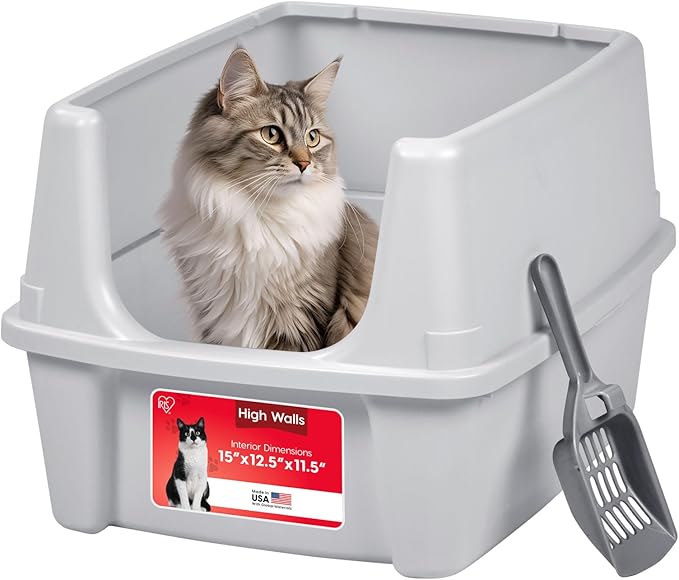 IRIS USA Large Cat Litter Box with Scatter Shield and Scoop, Open Top High Sided Cat Litter Pan, Silver