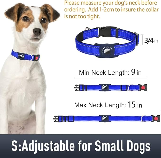 Airtag Dog Collar with AirTag Holder for Small Dogs, Reflective, Soft Padded & Safety Locking Buckle, Nylon Pet Collars Adjustable for All Breeds, NavyBlue,S