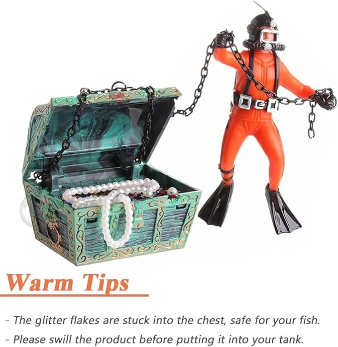 Live-Action Aquarium Ornament Creative Undersea Treasure Chest Diver Air Bubbler Aerating for Fish Tank Decorations Orange Color