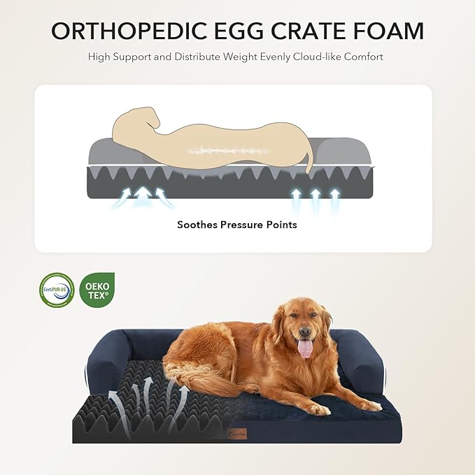 Orthopedic Dog Beds for Extra Large Dogs, Waterproof Egg Crate Foam XL Dog Bed with Sides 41x27Inch, Washable Big Dogs Couch Beds with Removable Cover and Nonskid Bottom, Navy Blue