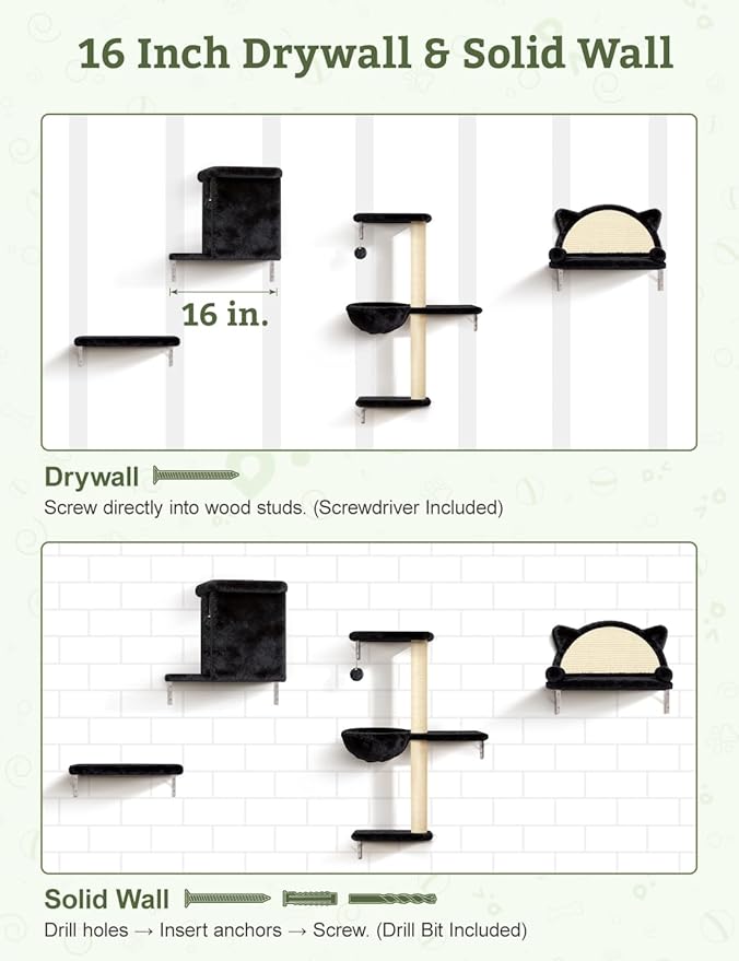 5-in-1 Cat Wall Shelves, Solid Wood & Velvet & Sisal Scratcher, 44lbs Max Load, Wall Mounted Cat Furniture for Climbers, Cat Climbing Wall System, Fits Drywall & Solid Walls - Black