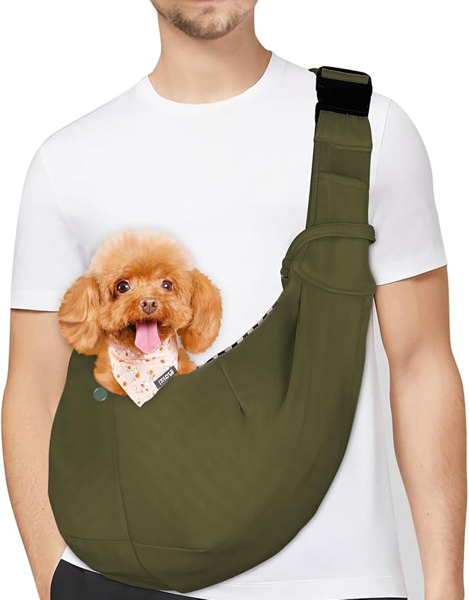 PETLOFT Reversible Dog Cat Sling Carrier, Small Dog Carrier, Adjustable Dog Sling, Hands Free Cross Body Carrier with Collar Hook for Dog/Cat/Bunny up to 11lb (Army Green)