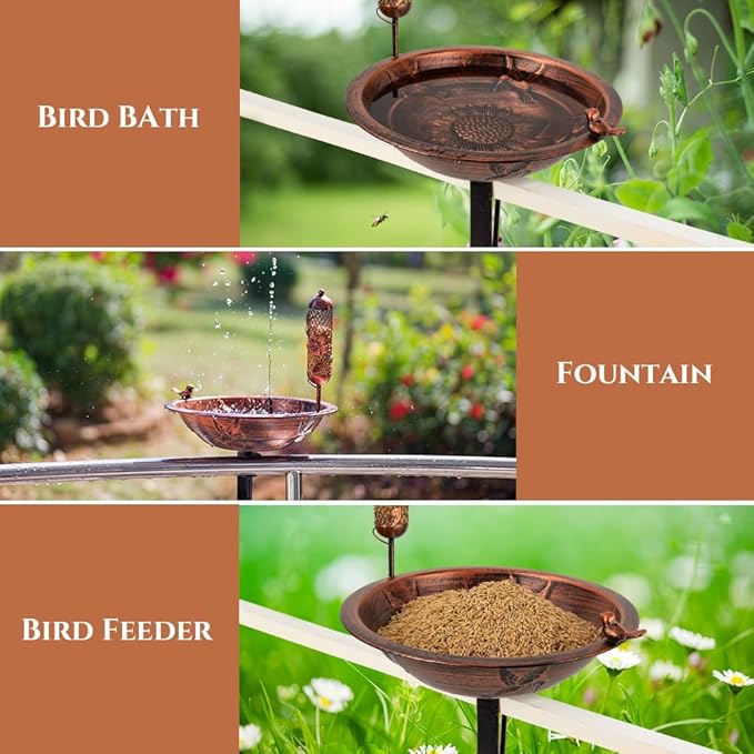 DREAMSOUL 13" Dia Deck Mounted Bird Bath with Clamp, Metal Bird Bath and Feeder Detachable Unheated Birdbath for Deck Railing