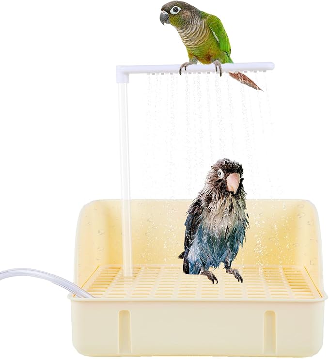 Automatic Bird Bath with Pump, Parrot Bathtub with Anti-Bite Cord Protector, USB Electric Large Bird Bathtub Circulating Water Bird Shower for Parakeet Cockatiel African Grey Lovebird(Beige)
