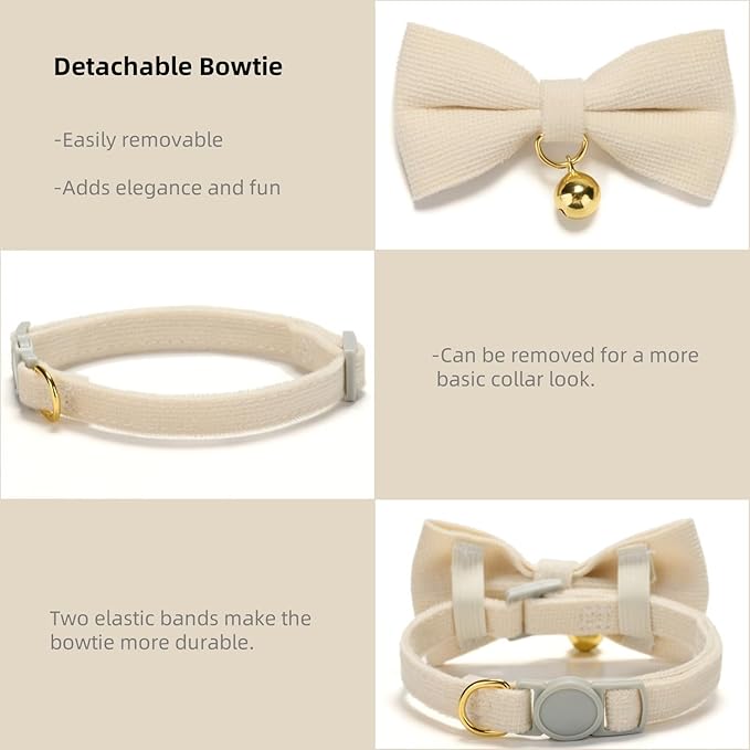 Soft Corduroy Cat Collar, Plaid Pattern, with Bell and Bowtie, Safety Breakaway Clasp, Adjustable for Kitten and Cats White Color.