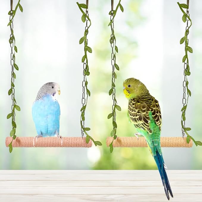 La La Pet® Hanging Wooden Pet Bird Swing with Cotton Rope Bird Cage Swing Bird Perch Swing Bird Cage Perch Bird Perch Stand Bird Swing Toy for Parrots Parakeets Cockatiels Lovebirds Brown