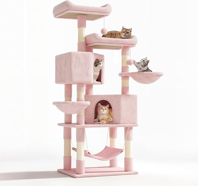 58" Cat Tree Tower for Indoor Cats, Multi-Level Activity Center with Scratching Posts, Hammocks, Top Perch, Dangling Ball & Cat Condo, Soft Pink