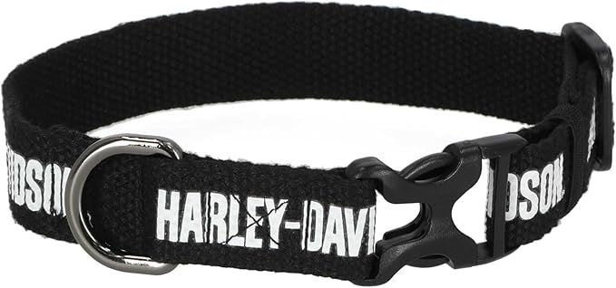 Harley-Davidson Cotton Webbing H-D Text Adjustable Pet Collar – Black/White (S)