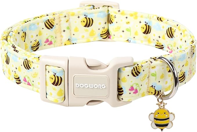 DOGWONG Spring Summer Dog Collar- Bee Flower Dog Collar, Adjustable Soft Girl Boy Dog Collar for Small Medium Dogs, M