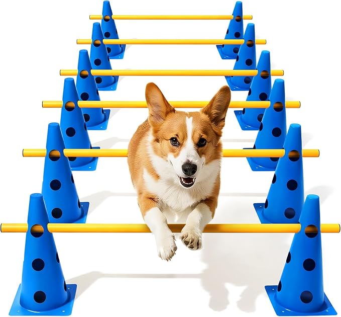 Dog Agility Course Backyard Set, Dog Agility Hurdle Cone Set with Height Adjustable Crossbar for Rehabilitation & Beginners, Dog Agility Equipment for Dog Obstacle Course - 12 Inch