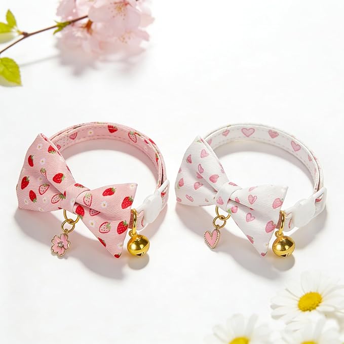 2 Pack Floral Cat Collars with Bow Tie and Bell Adjustable Breakaway Bowtie Cute Kitten Collar(White Heart & Pink Strawberry)