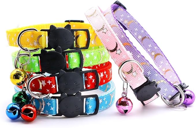 Reflective Cat Collars Breakaway with Bell 2-Pack Girl Boy Pet Kitten Collar with Star Moon Patetrn Adjustable 7.5-12.5 Inch (Red)