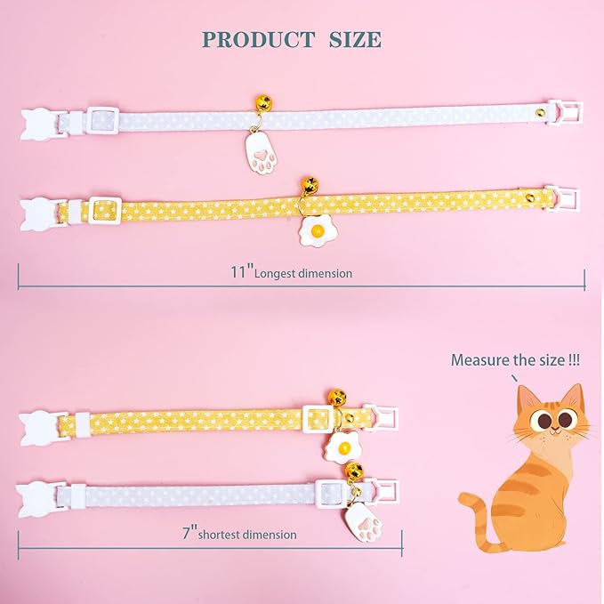 2 Pack Star Cotton Breakaway Cat Collars with Bell Egg Cat Paw Pendant Kitty Kitten Collars Yellow Purple Collar for Female Girl Cats Male Boy Cats