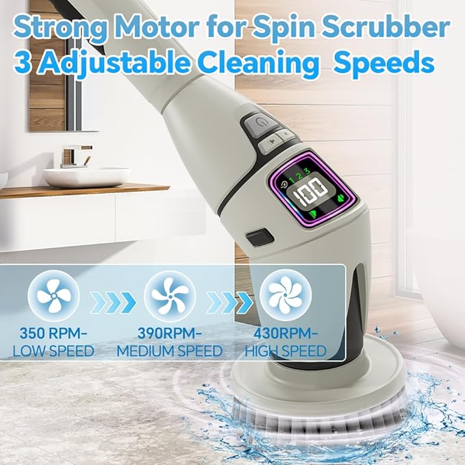 10-in-1 Electric Spin Scrubber for Cleaning, Voice Broadcast Rechargeable Power Scrubber, Aquarium Cleaner, Cordless Shower Cleaner Brush for Tile/Bathtub/Floor/Shoes/Car-Light Gray