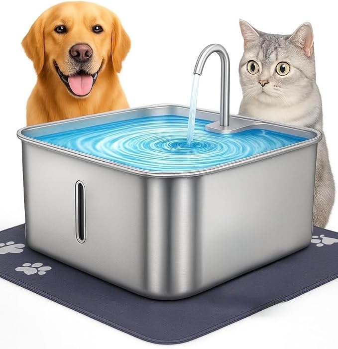 RMH 7L Stainless Steel Dog & Cat Water Fountain with Large Waterproof Mat – Automatic Pet Drinking Fountain for Large Dogs & Multi-Pet Homes, Quiet Pump, 3-Stage Filtration, LED Water Window