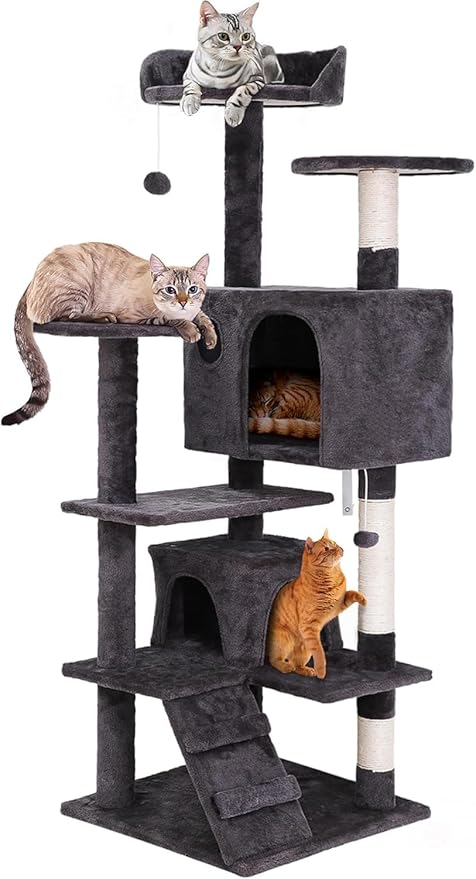 54-inch Cat Tree with Sisal-Covered Scratching Posts, Sturdy Standing Cat Tower for Indoor Kittens, Multi-Level Platforms, Perches, Condo and Hanging Ball for Cats to Play and Sleep