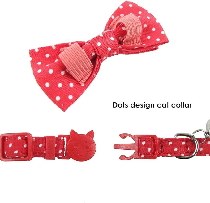Cat Collar with Bell and Bow Tie, Breakaway Clasp Cute Dots Kitty Kitten Collar Set of 2 PCS(6.8-10.8in) (Black&Red Dots)