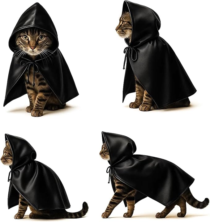 Black Cat Cloak with Hood for Indoor Cats, Funny Superhero Cosplay Halloween Costume for Pets, Cute Cape for Party Photos and Dress-Up – Big/Middle Size (Black)