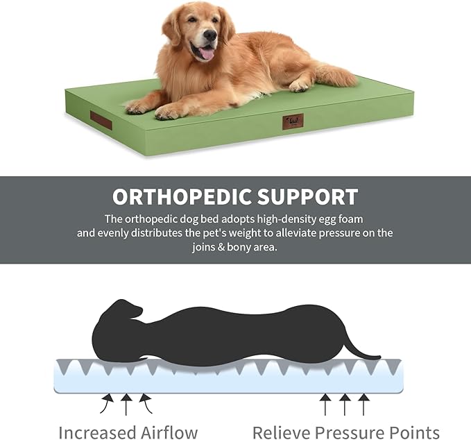 Outdoor Large Washable Dog Bed, Orthopedic Egg Crate Foam Dog Crate Mat for Large Dogs with Removable Oxford Cooling Cover, Light Green