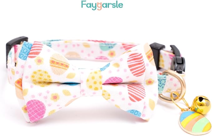Faygarsle 2 Pack Easter Day Cat Collar Cute Rabbit Easter Eggs Printed Collar with Bow tie Breakaway Pink Beige Cat Collar for Boy Girl Cats