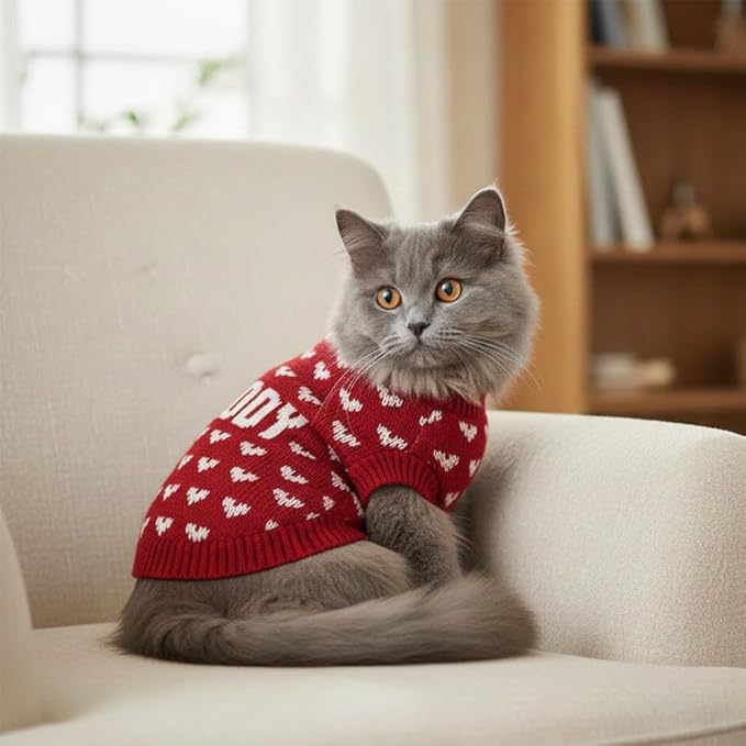 Custom Knit Sweater for Dogs and Cats, Personalized with Name and Heart, Soft and Cozy Holiday Pet Wear, Ideal for Winter Days, Special Occasions, and Valentine's Gift