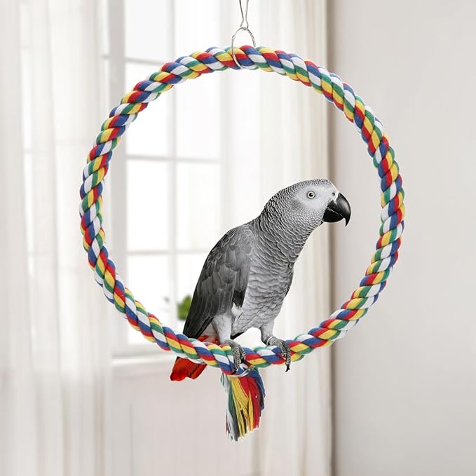 Bird Rope Swing Colorful Perch Climbing Toy for Parrots Budgie Parakeet Cockatiel Cockatoo Conure (M (10.4 inch)