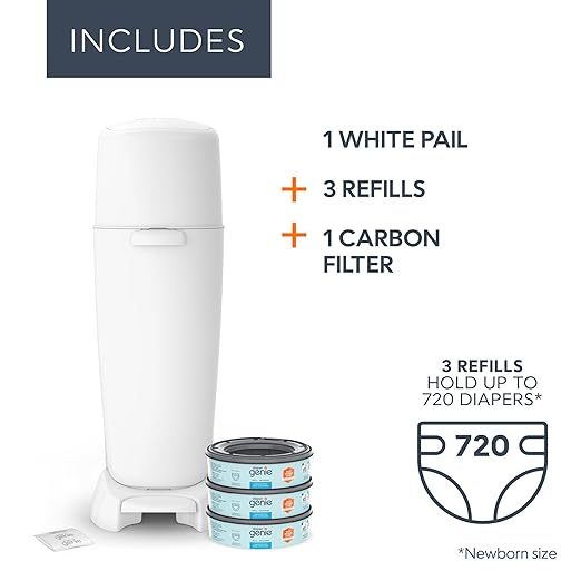 Diaper Genie Complete Pail (White) | Includes 3 Refills that hold up to 810 newborn-size diapers | Includes 1 Carbon Filter