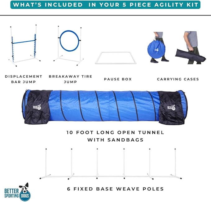 Better Sporting Dogs Premium Starter Dog Agility Set w/Safety-Focused Features | 5Pc Agility Kit | Bar Jump w/Cup Strips | Breakaway Tire Jump | Weave Poles | 10’ Tunnel & Sandbags | Pause Box