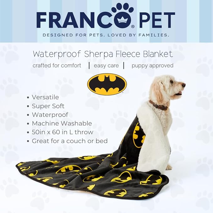 Franco Pet Batman DC Comics Bat Shield Logo Super Soft Cozy Waterproof Sherpa-Backed Blanket Throw for Large Dogs, Couch/Bed/Car, 50x60 (Officially Licensed Product)