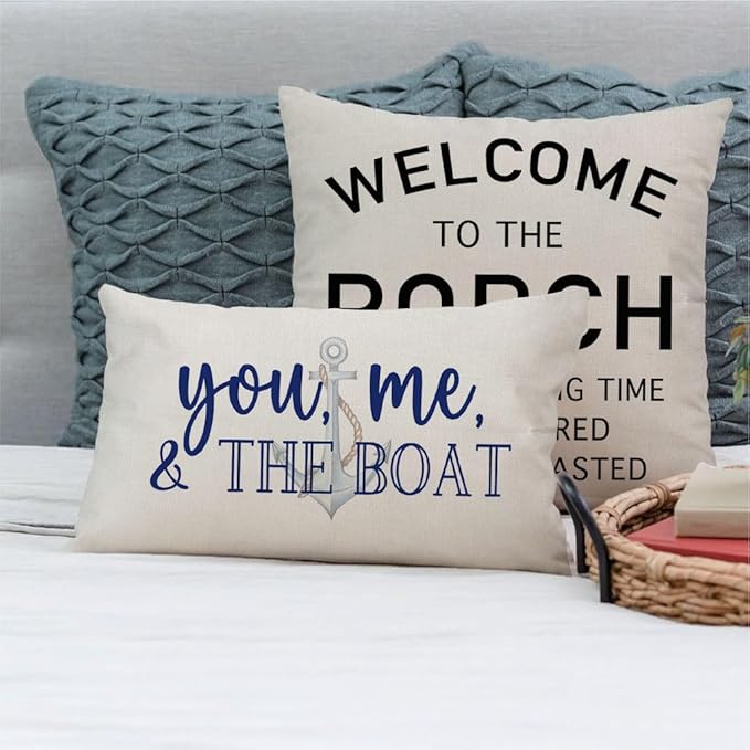 PANDICORN Lake Throw Pillow Cover 12x20 Inch Blue Words You Me and The Boat Ocean Sea Coastal Outdoor Spring Summer Decorations Lumbar Decorative Throw Pillow Case for Home Living Room Couch Decor