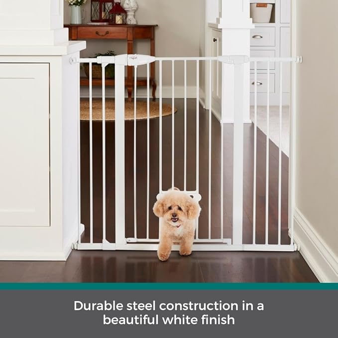 MYPET North States Extra Tall & Wide Walk Thru EasyPass Pet Gate with Patented Adjustable pet Door: 29.75” - 52” Wide Dog Gate. Pressure Mount, No Tools Needed. Dog Gates for House, 41" Tall, White