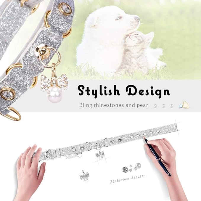 PetsHome Cat Collar, Dog Collar, [Bling Rhinestones] PU Leather Adjustable Pet Collar with Luxury Pendant for Big Cat and Small to Medium Dog Small Silvery