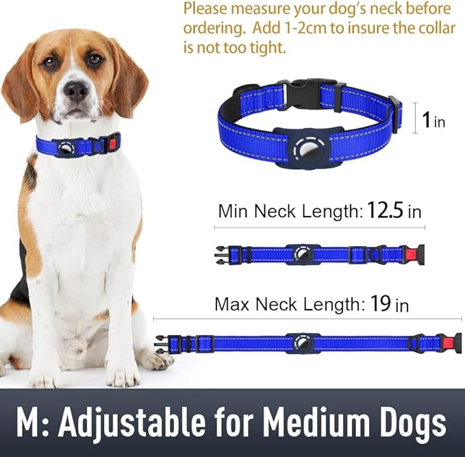 Airtag Dog Collar with AirTag Holder for Medium Dogs, Reflective, Soft Padded & Safety Locking Buckle, Nylon Pet Collars Adjustable for All Breeds, NavyBlue,M