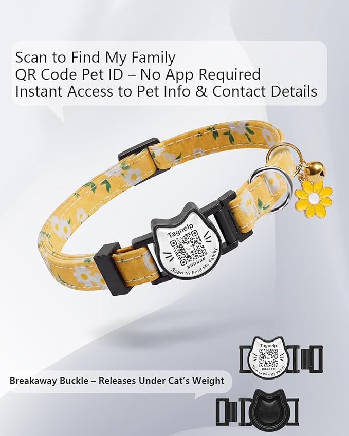 Breakaway Cat Collar with QR Code ID Tag, Adjustable Cotton Kitten Collar with Bell, Scan to Find My Family Personalized Pet Info, Cute Flower Design for Indoor Outdoor Cats,Flower Pendant(Yellow)