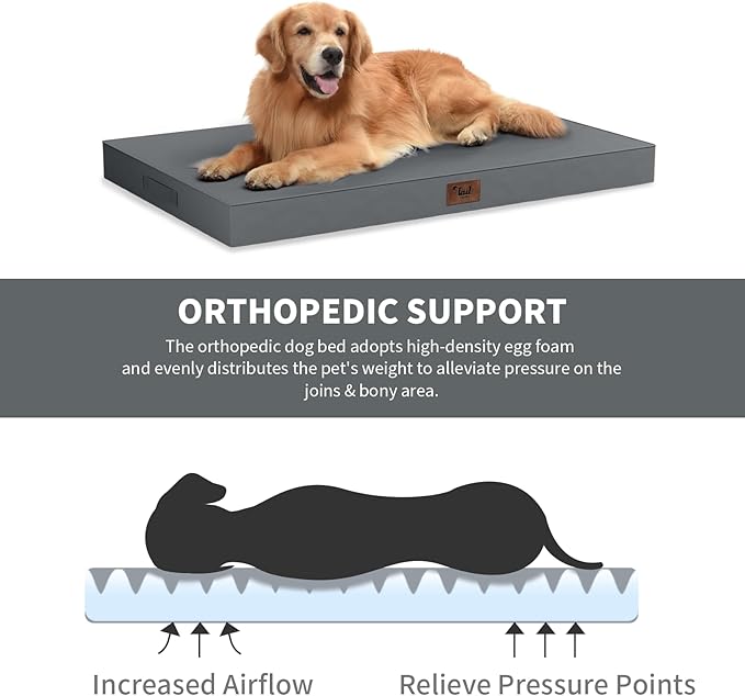 Outdoor Extra Large Dog Bed, Waterproof Dog Bed for Large Dogs, Egg Crate Foam XL Pet Bed with Removable Washable Oxford Cooling Cover, Grey