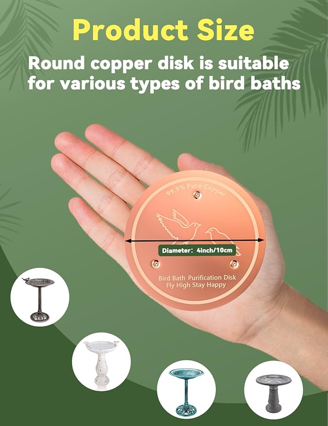 CNARIO Copper Disk for Bird Baths, Bird Baths 99.99% Pure Copper Cleaning Disk, Safe Natural Solution, 0.6mm Thick with Stable Triple-Point Support, All-Season Use