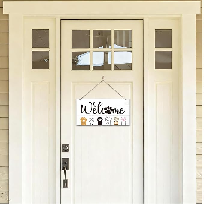 Welcome Sign for Front Door, Welcome Decor Wooden Hanging Sign With Cat Cat's Paw Pattern, Cat Theme Wall Hanging Decor, Funny Wooden Outdoor Front Door Decoration 13.8X6.9 inches
