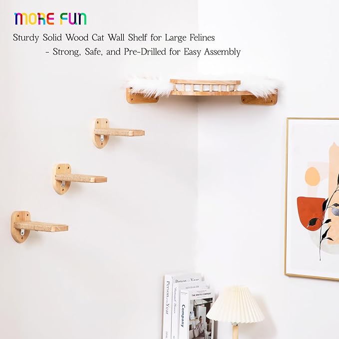 Cat Shelves - 3-Step Wall Climbing Set with Plush Bed, Ideal for Large Cats - RubberWood