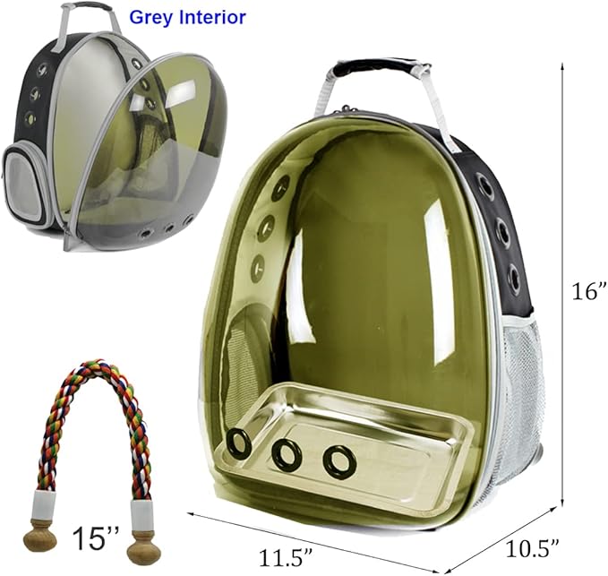 Bird Traval Carrier Cage, Polarized Tinted Brown Space Capsule Astronaut Backpack to Carry Parakeet Cockatiel Parrot with Metal Tray Wood Perch, Vet Transport Bag