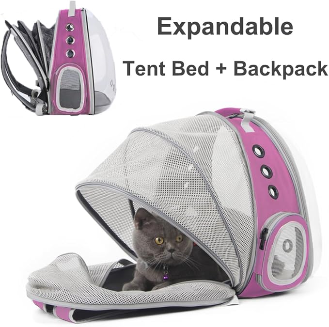 Expandable Pink Cat Backpack Carrier, Fit up to 12 lbs, Space Capsule Clear Bubble Window Pet Carrier Backpack for Kitten Bunny Rabbit and Small Puppy