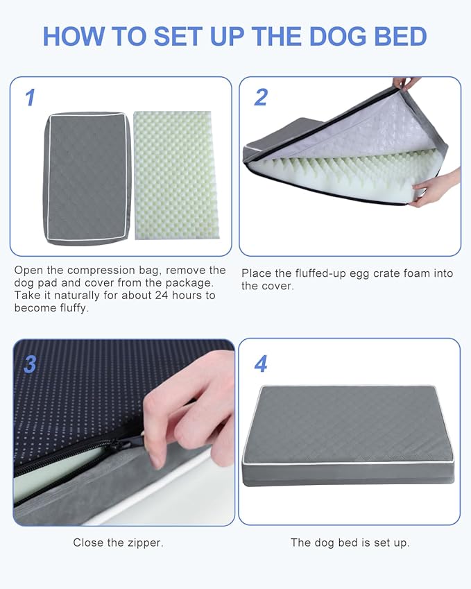 KSIIA Extra Large Dog Bed for Crate Pad Waterproof Dog Bed with Removable Washable Cover, Egg Crate Foam and Non-Slip Bottom, 47x29 Inch, Dark Gray