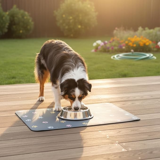Pet Feeding Mat Absorbent Dog Mat for Food and Water Non Slip Quick Dry Dog Bowl Mats for Floors 27" X 17" Paw Light Gray