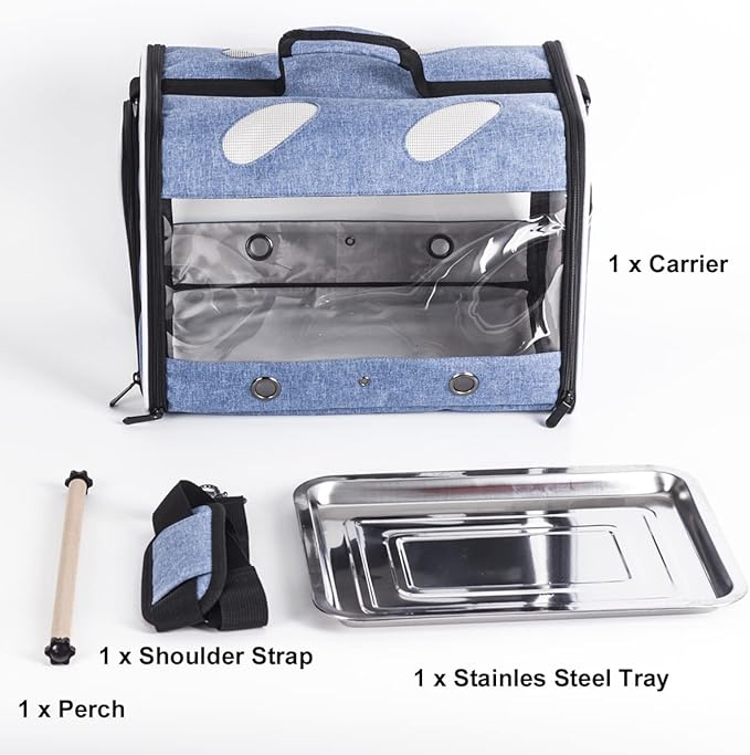 Bird Travel Carrier for Parrot with Wooden Perch and Tray, Portable Carrying Bag for Outdoor Hiking and Vet Visit(Blue, Bird Carrier)