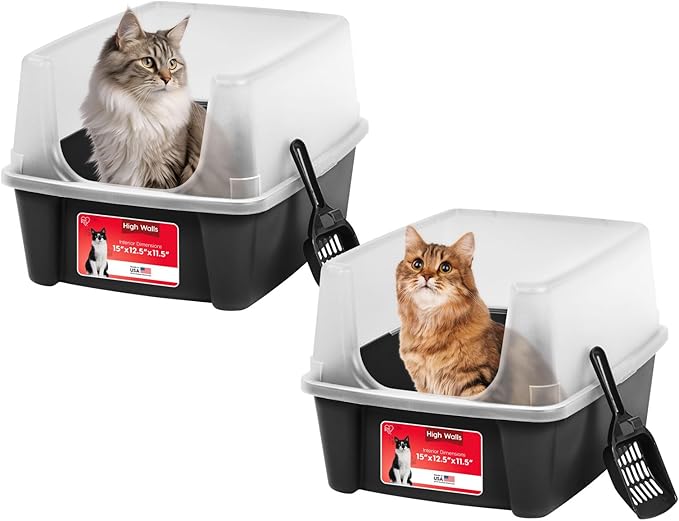 IRIS USA 2 Pack Large Open Top Cat Litter Box with High Sides, Scatter Shield & Scoop, Black, for Indoor Cats, Kittens or Multicat Homes