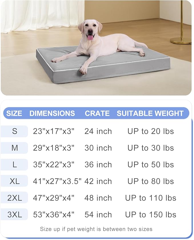 KSIIA Orthopedic Dog Bed for Crate Large Dog Bed XL with Removable Machine Washable Cover Waterproof Crate Pad with Egg Foam and Non-Slip Bottom, 41x27 Inch, Light Gray