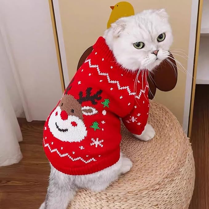 Christmas Dog Outfit Red Puppy Sweater for Small Dogs Girl Boy Elk Snowflake Cat Knitwear Reindeer Knitted Pet Clothes Santa Deer Costume for Chihuahua Yorkie Poodle (Red-2, Small)