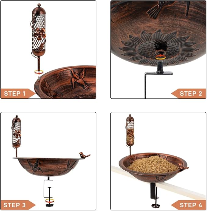 DREAMSOUL 13" Dia Deck Mounted Bird Bath with Clamp, Metal Bird Bath and Feeder Detachable Unheated Birdbath for Deck Railing