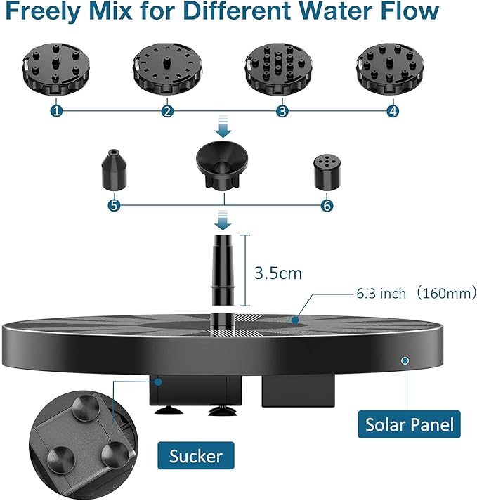 AISITIN Solar Fountain Pump 2.5W, 6.7" Solar Powered Water Fountain for Bird Bath, Solar Pump with 6 Nozzles for Garden, Ponds, Pool, Fish Tank, Outdoor and Aquarium, 2 Pack