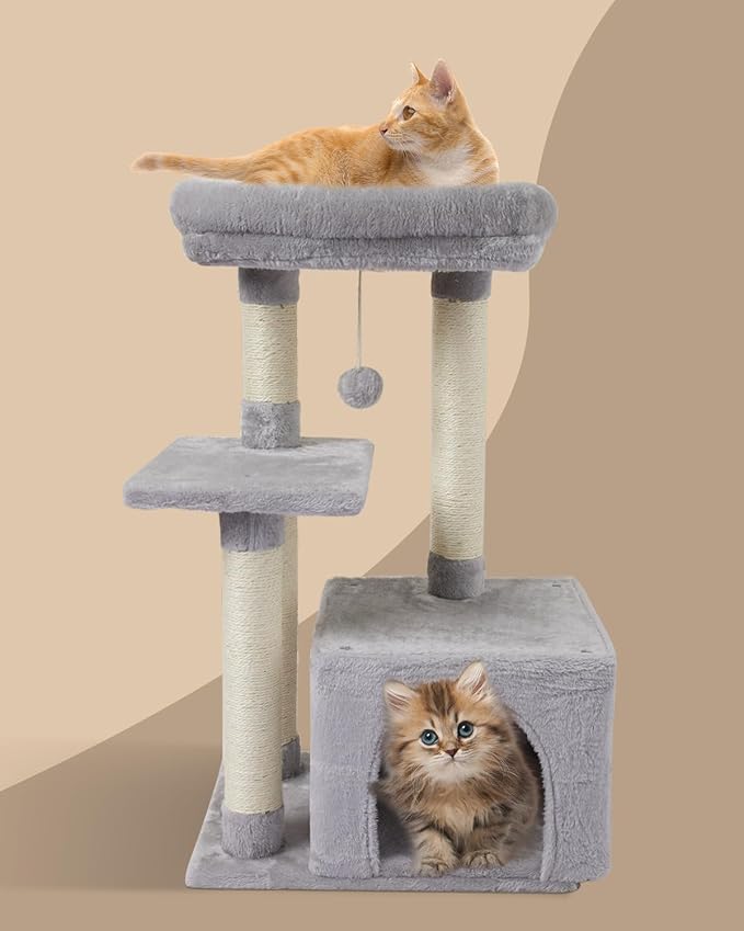 FISH&NAP Cute Cat Tree Kitten Cat Tower for Indoor Cat Condo Sisal Scratching Posts with Jump Platform Cat Furniture Activity Center Play House Grey