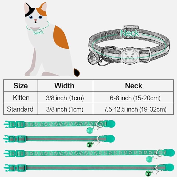Taglory Reflective Cat Collar Breakaway with Bells, 2 Pack Girl Boy Pet Cat Collar Adjustable 7.5-12.5 Inch, Turquoise